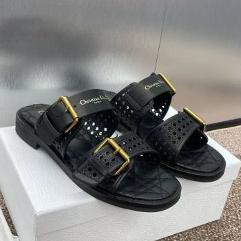 Dior D-Avenue Flat Buckle Slides Sandal in Calfskin with Openwork Microcannage Motif Black 2025 (KL-250220055)