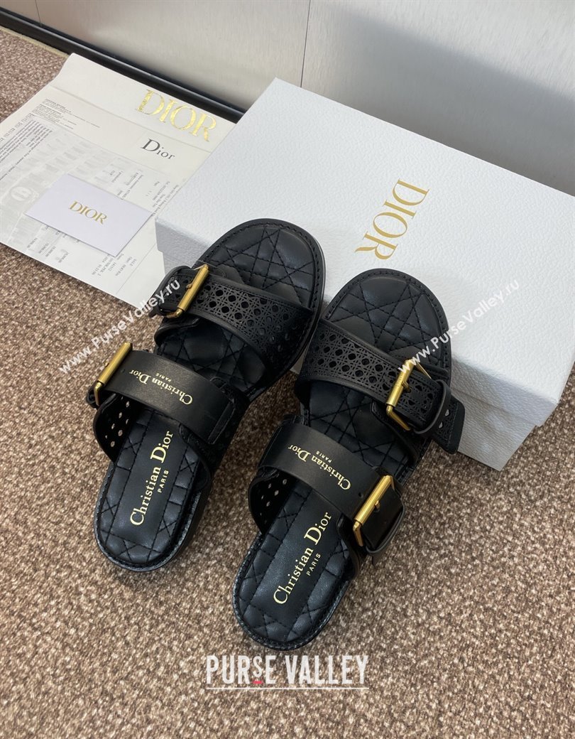 Dior D-Avenue Flat Buckle Slides Sandal in Calfskin with Openwork Microcannage Motif Black 2025 (KL-250220055)