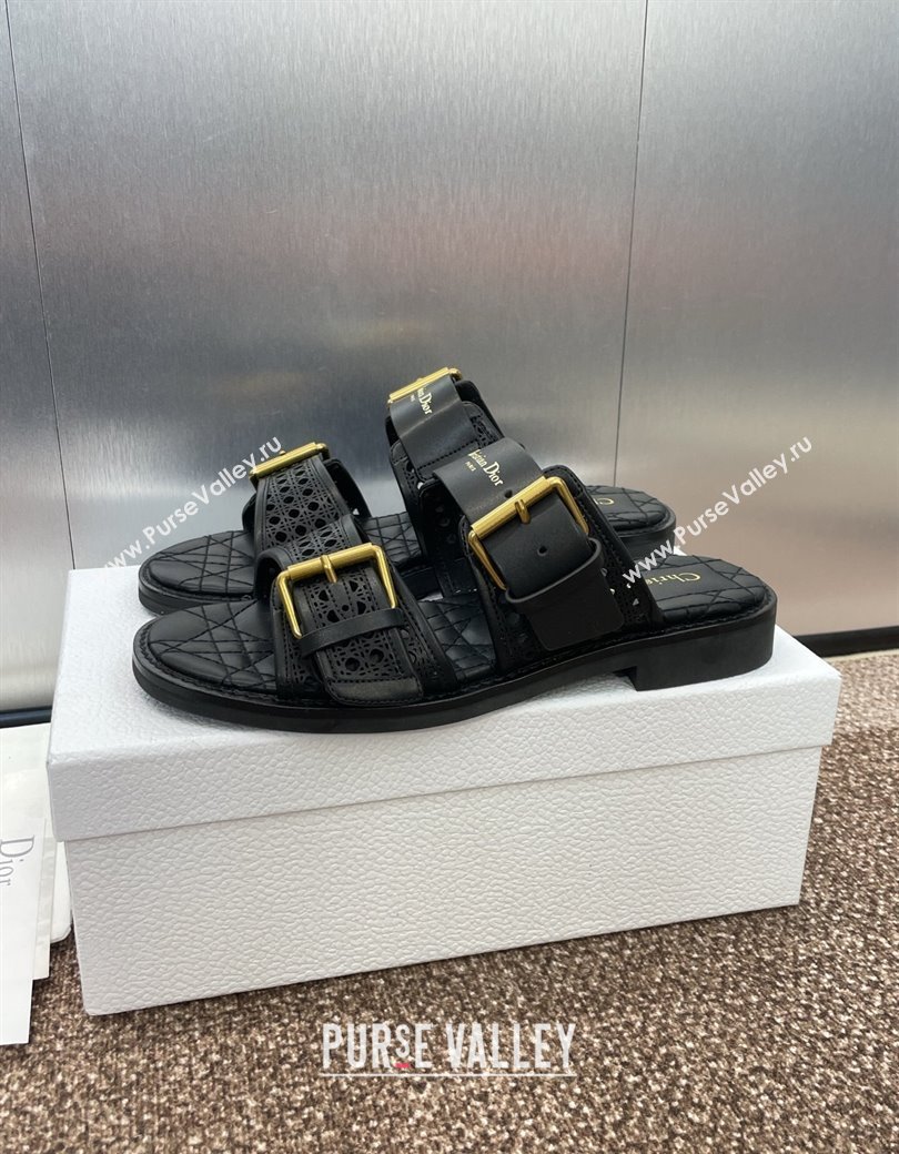 Dior D-Avenue Flat Buckle Slides Sandal in Calfskin with Openwork Microcannage Motif Black 2025 (KL-250220055)