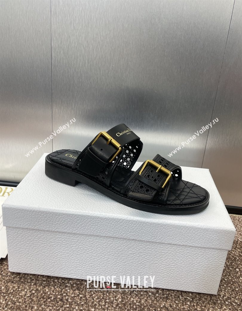 Dior D-Avenue Flat Buckle Slides Sandal in Calfskin with Openwork Microcannage Motif Black 2025 (KL-250220055)
