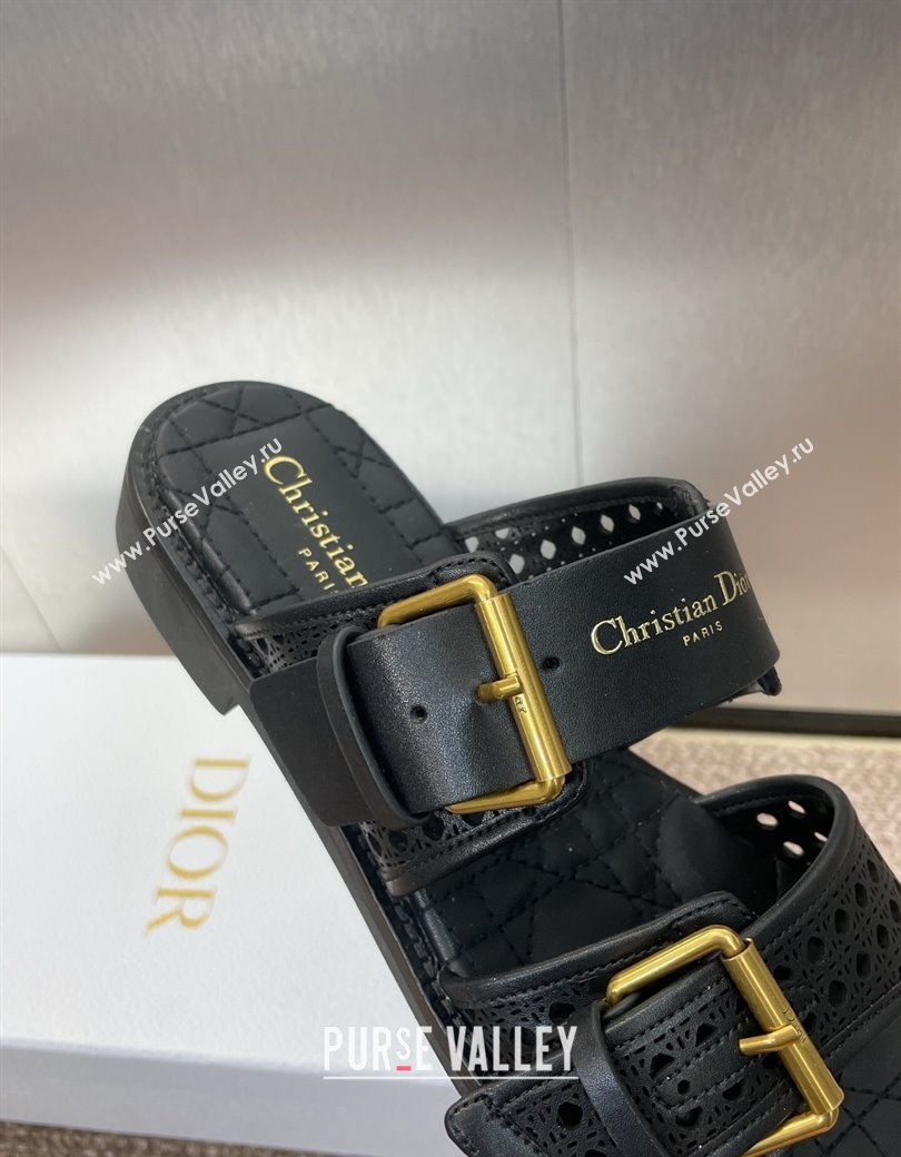 Dior D-Avenue Flat Buckle Slides Sandal in Calfskin with Openwork Microcannage Motif Black 2025 (KL-250220055)