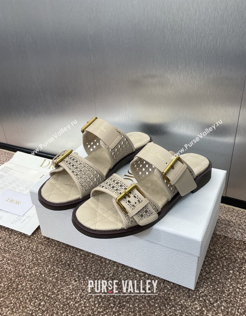 Dior D-Avenue Flat Buckle Slides Sandal in Calfskin with Openwork Microcannage Motif Beige 2025 (KL-250220056)