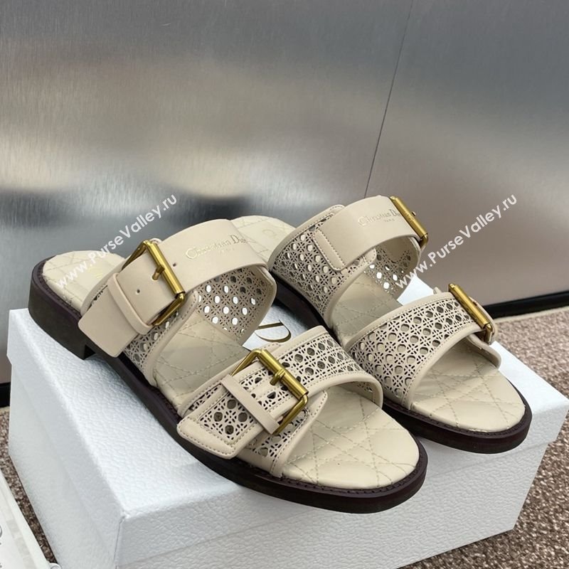 Dior D-Avenue Flat Buckle Slides Sandal in Calfskin with Openwork Microcannage Motif Beige 2025 (KL-250220056)