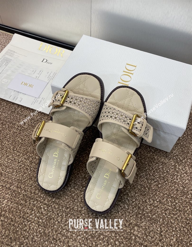 Dior D-Avenue Flat Buckle Slides Sandal in Calfskin with Openwork Microcannage Motif Beige 2025 (KL-250220056)