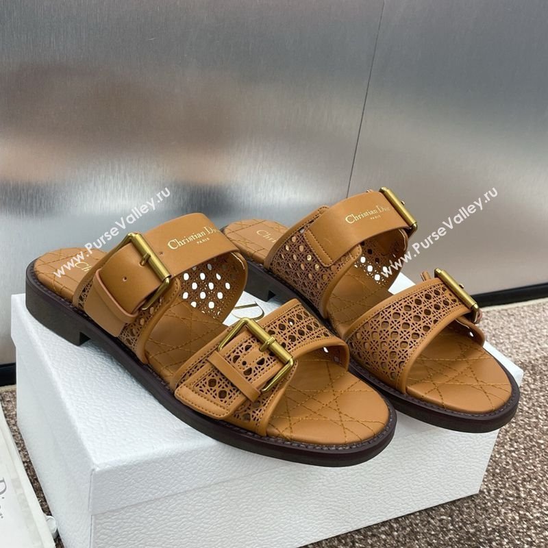 Dior D-Avenue Flat Buckle Slides Sandal in Calfskin with Openwork Microcannage Motif Brown 2025 (KL-250220057)