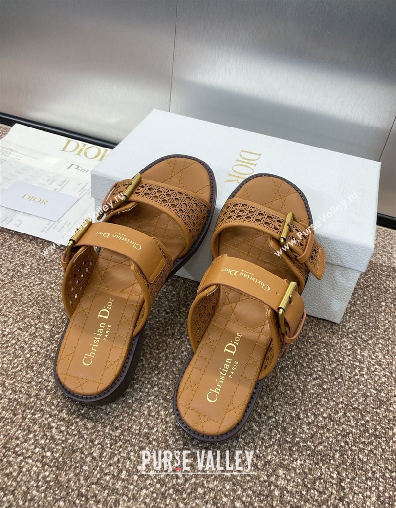 Dior D-Avenue Flat Buckle Slides Sandal in Calfskin with Openwork Microcannage Motif Brown 2025 (KL-250220057)
