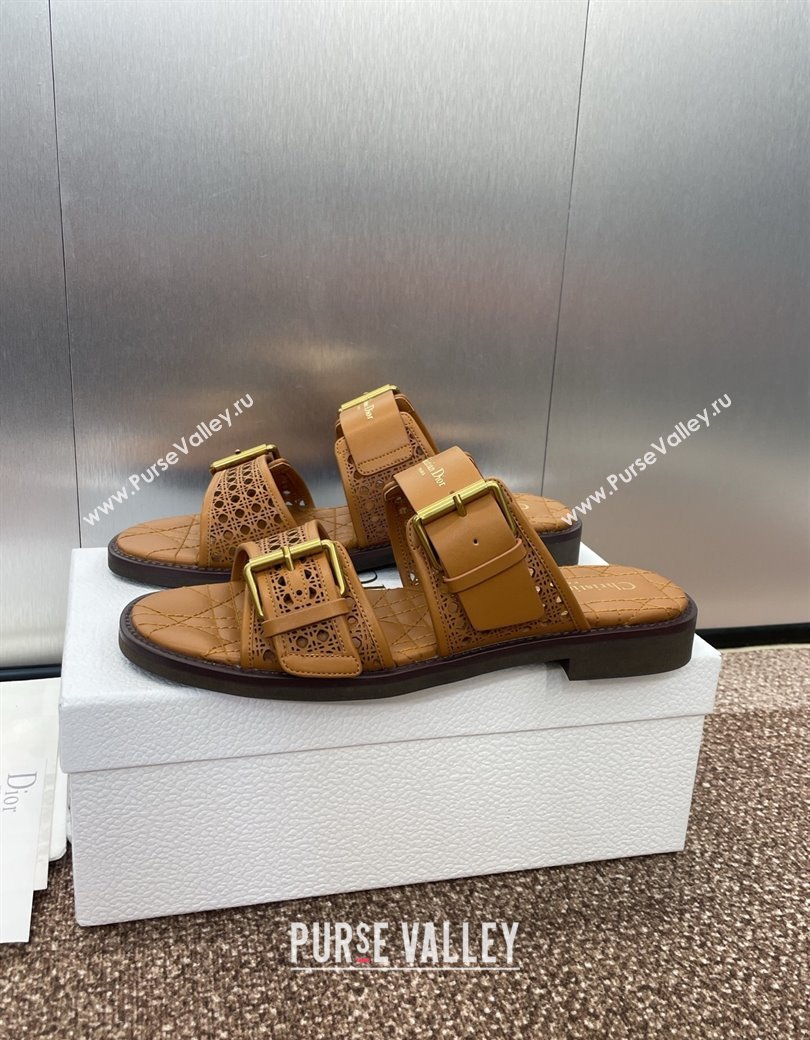 Dior D-Avenue Flat Buckle Slides Sandal in Calfskin with Openwork Microcannage Motif Brown 2025 (KL-250220057)