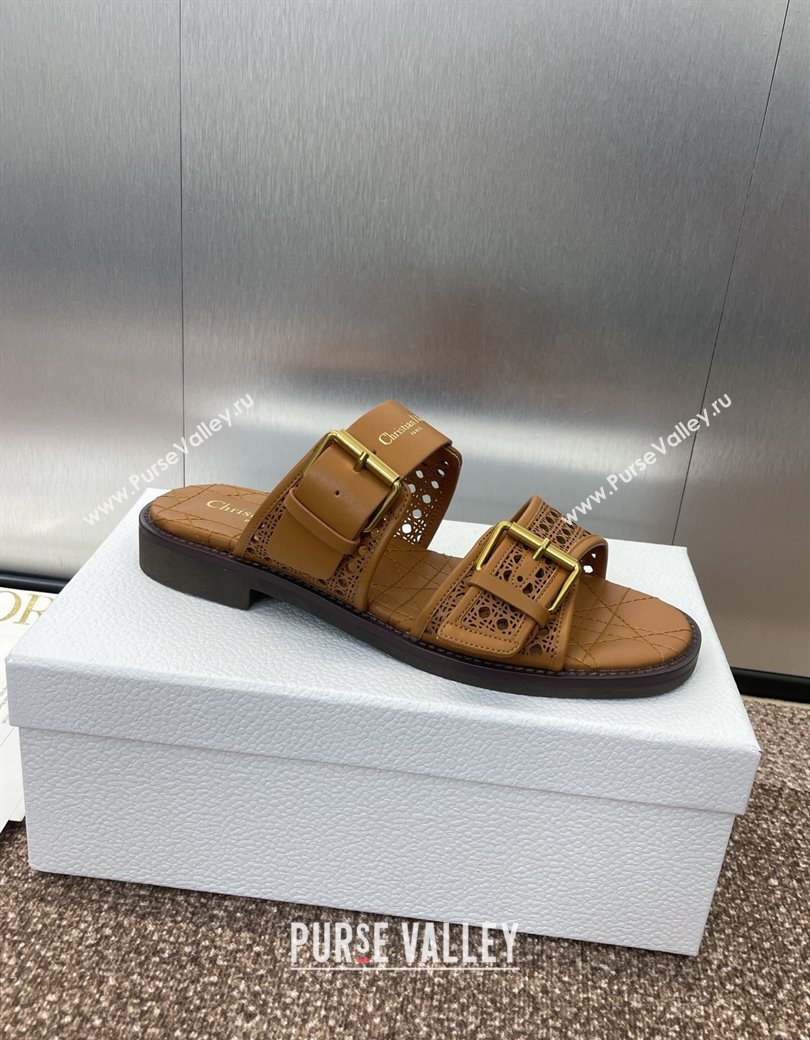 Dior D-Avenue Flat Buckle Slides Sandal in Calfskin with Openwork Microcannage Motif Brown 2025 (KL-250220057)