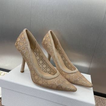 Dior Capture Pumps 9.5cm in Transparent Mesh with Strass Cannage Motif and Nude Suede 2025 (JC-250220090)