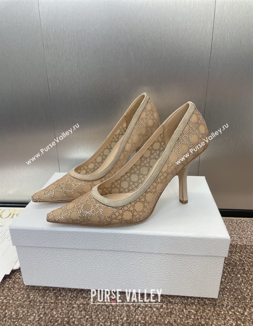 Dior Capture Pumps 9.5cm in Transparent Mesh with Strass Cannage Motif and Nude Suede 2025 (JC-250220090)
