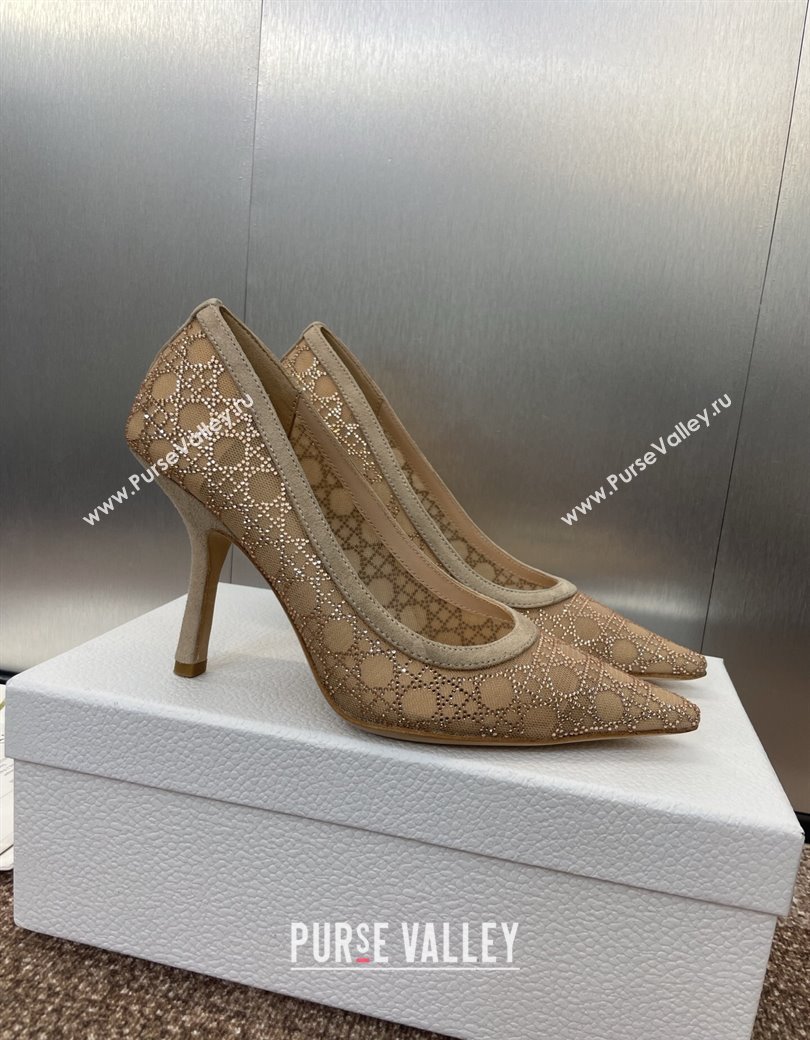 Dior Capture Pumps 9.5cm in Transparent Mesh with Strass Cannage Motif and Nude Suede 2025 (JC-250220090)