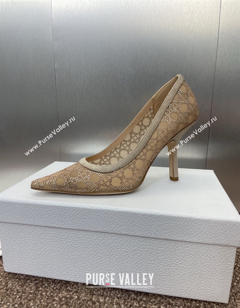Dior Capture Pumps 9.5cm in Transparent Mesh with Strass Cannage Motif and Nude Suede 2025 (JC-250220090)