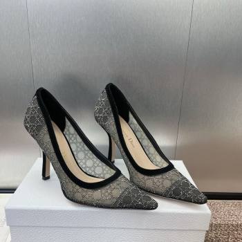 Dior Capture Pumps 9.5cm in Transparent Mesh with Strass Cannage Motif and Black Suede 2025 (JC-250220091)