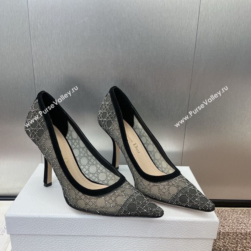 Dior Capture Pumps 9.5cm in Transparent Mesh with Strass Cannage Motif and Black Suede 2025 (JC-250220091)