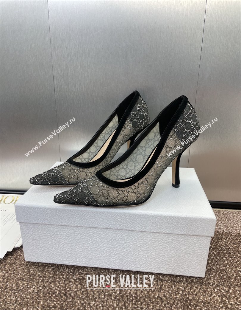 Dior Capture Pumps 9.5cm in Transparent Mesh with Strass Cannage Motif and Black Suede 2025 (JC-250220091)