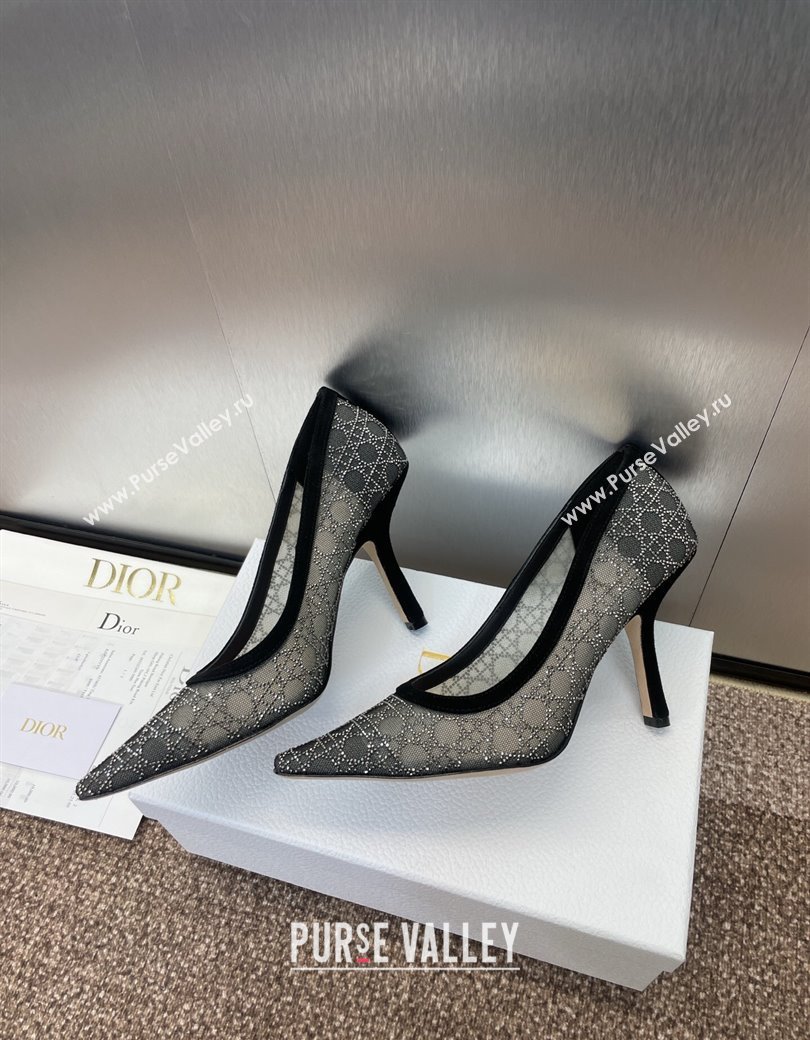 Dior Capture Pumps 9.5cm in Transparent Mesh with Strass Cannage Motif and Black Suede 2025 (JC-250220091)