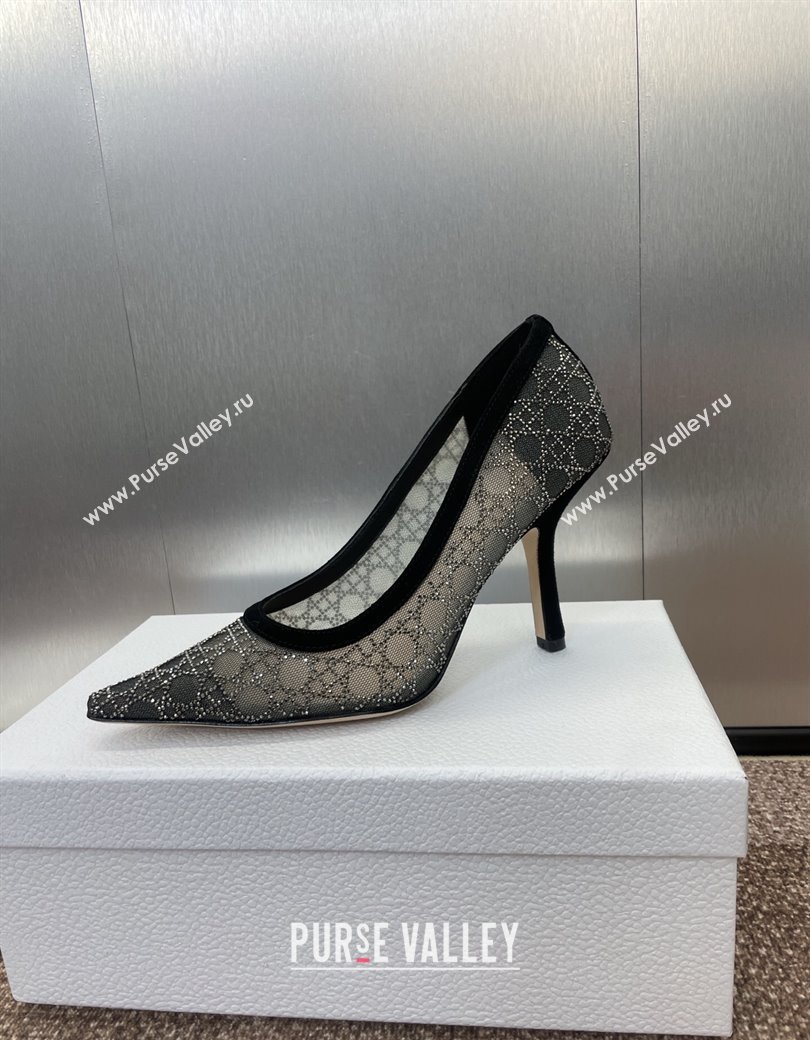 Dior Capture Pumps 9.5cm in Transparent Mesh with Strass Cannage Motif and Black Suede 2025 (JC-250220091)