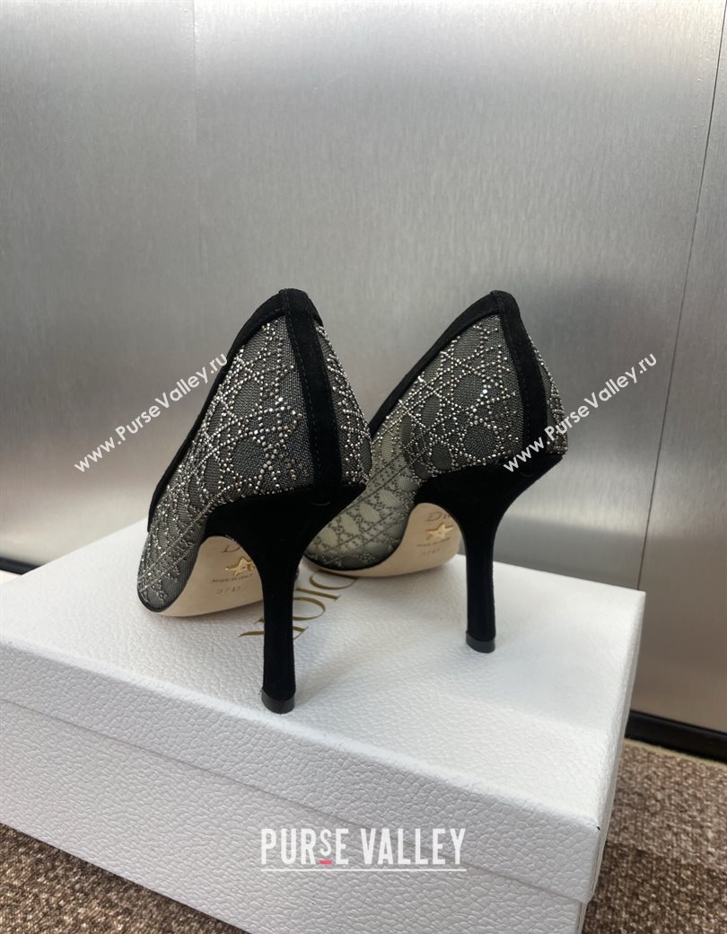 Dior Capture Pumps 9.5cm in Transparent Mesh with Strass Cannage Motif and Black Suede 2025 (JC-250220091)
