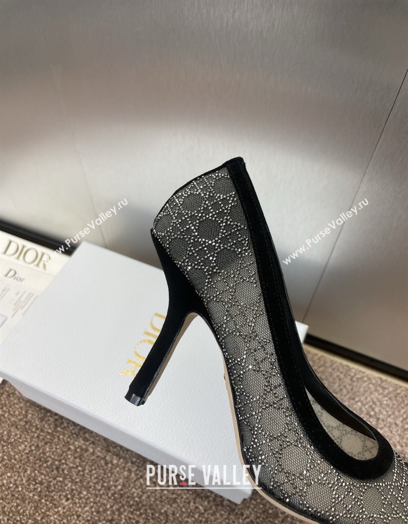 Dior Capture Pumps 9.5cm in Transparent Mesh with Strass Cannage Motif and Black Suede 2025 (JC-250220091)