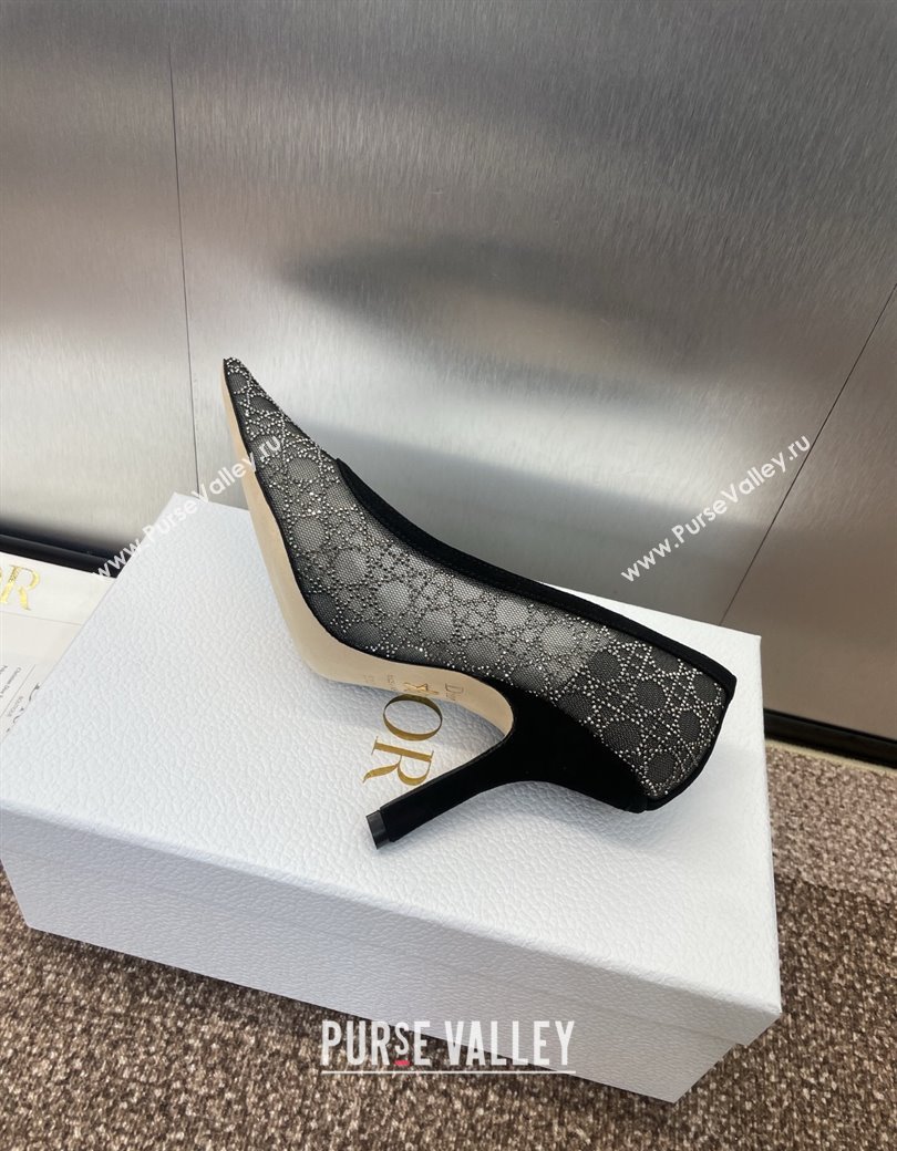 Dior Capture Pumps 9.5cm in Transparent Mesh with Strass Cannage Motif and Black Suede 2025 (JC-250220091)