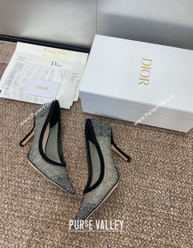 Dior Capture Pumps 9.5cm in Transparent Mesh with Strass Cannage Motif and Black Suede 2025 (JC-250220091)