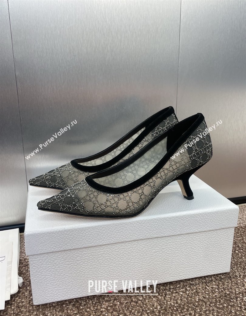 Dior Capture Pumps 6.5cm in Transparent Mesh with Strass Cannage Motif and Black Suede 2025 (JC-250220093)
