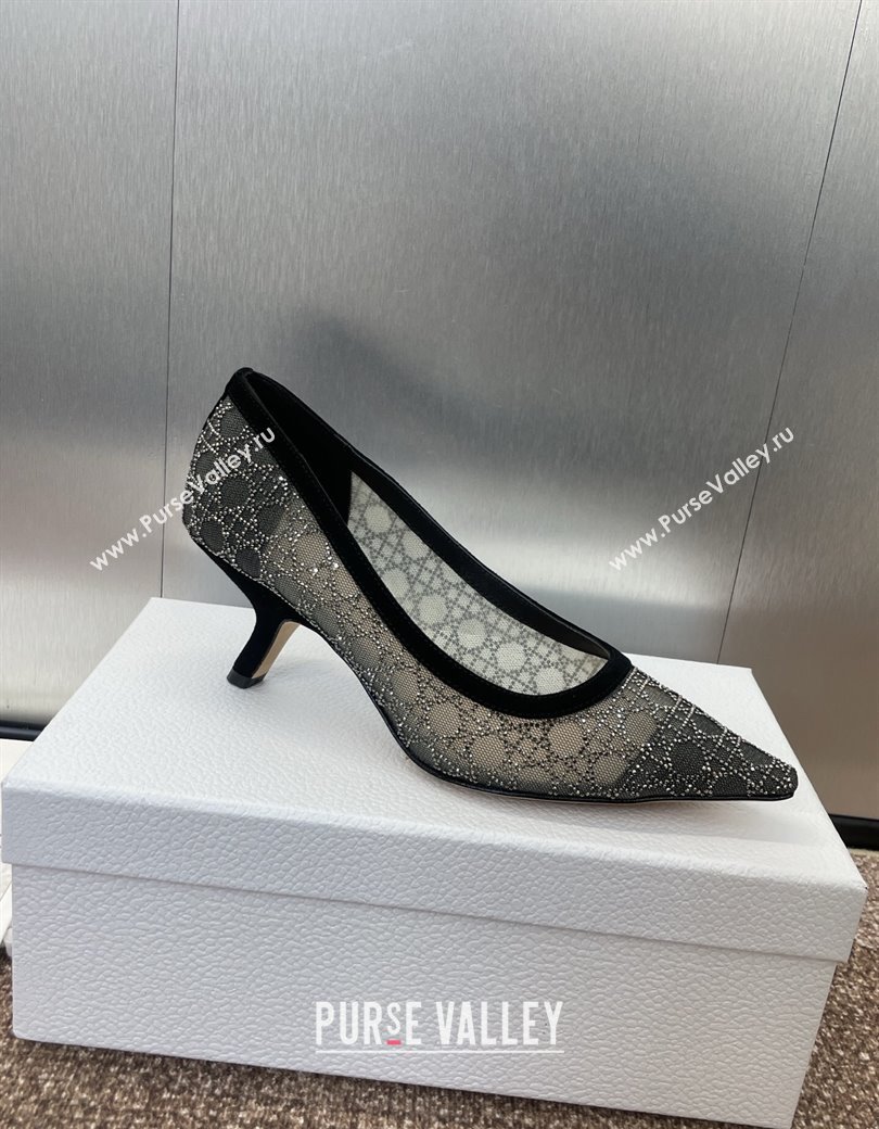 Dior Capture Pumps 6.5cm in Transparent Mesh with Strass Cannage Motif and Black Suede 2025 (JC-250220093)