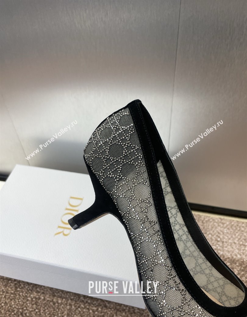 Dior Capture Pumps 6.5cm in Transparent Mesh with Strass Cannage Motif and Black Suede 2025 (JC-250220093)