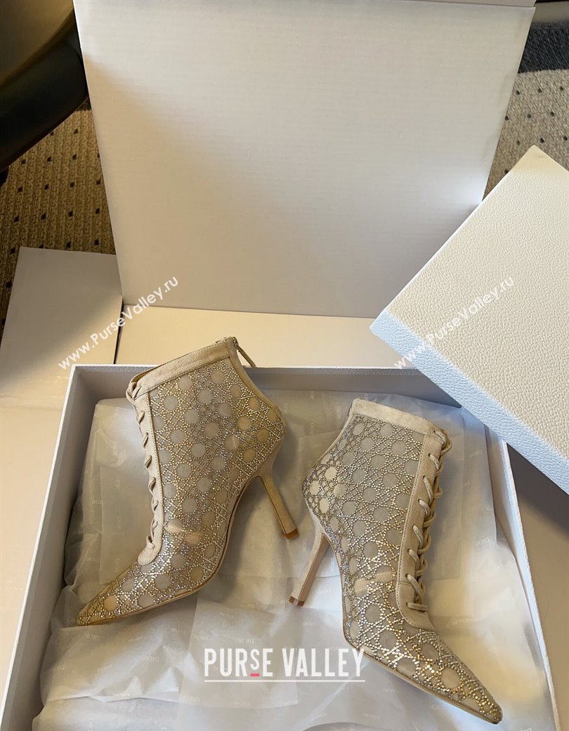 Dior Capture Heeled Ankle Boots 9.5cm in Transparent Mesh with Strass Cannage Motif and Nude Suede 2025 (SS-250220094)