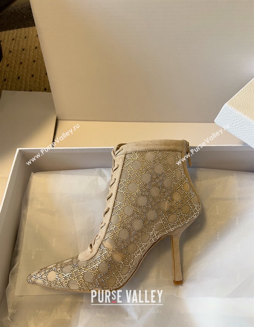 Dior Capture Heeled Ankle Boots 9.5cm in Transparent Mesh with Strass Cannage Motif and Nude Suede 2025 (SS-250220094)