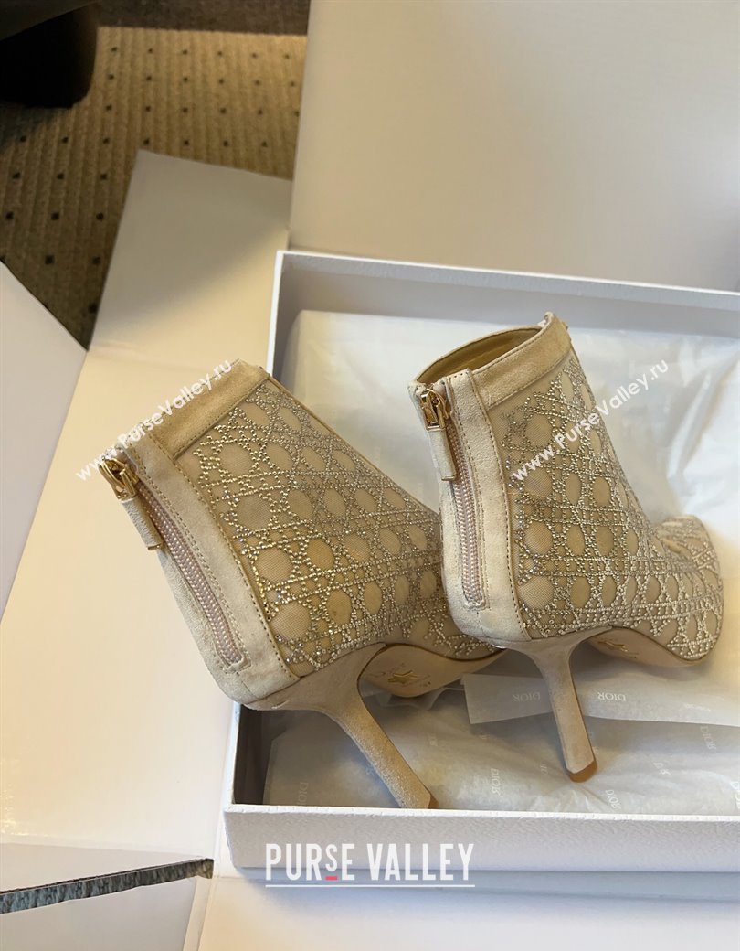 Dior Capture Heeled Ankle Boots 9.5cm in Transparent Mesh with Strass Cannage Motif and Nude Suede 2025 (SS-250220094)