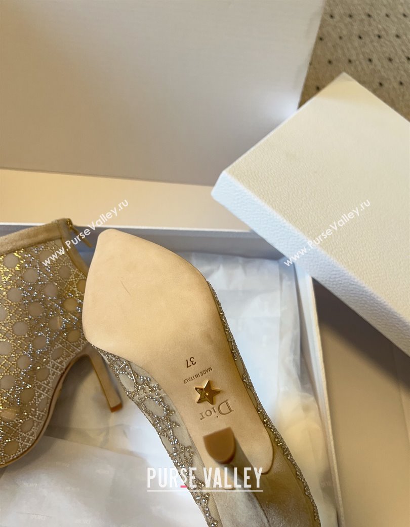 Dior Capture Heeled Ankle Boots 9.5cm in Transparent Mesh with Strass Cannage Motif and Nude Suede 2025 (SS-250220094)