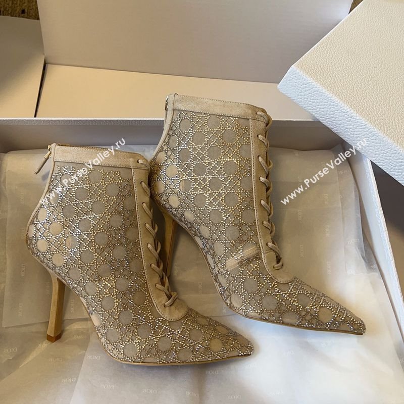 Dior Capture Heeled Ankle Boots 9.5cm in Transparent Mesh with Strass Cannage Motif and Nude Suede 2025 (SS-250220094)