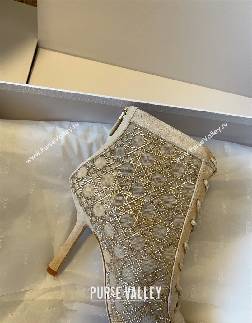 Dior Capture Heeled Ankle Boots 9.5cm in Transparent Mesh with Strass Cannage Motif and Nude Suede 2025 (SS-250220094)