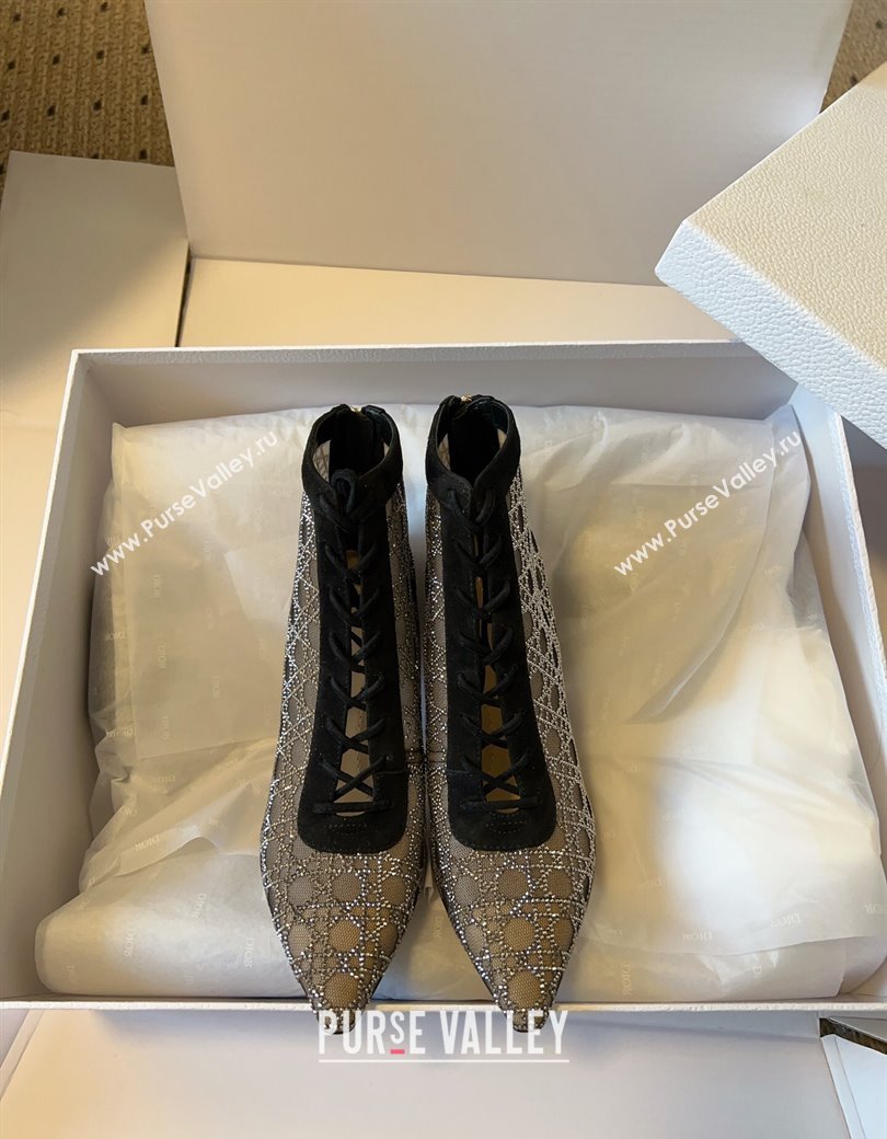 Dior Capture Heeled Ankle Boots 9.5cm in Transparent Mesh with Strass Cannage Motif and Black Suede 2025 (SS-250220095)