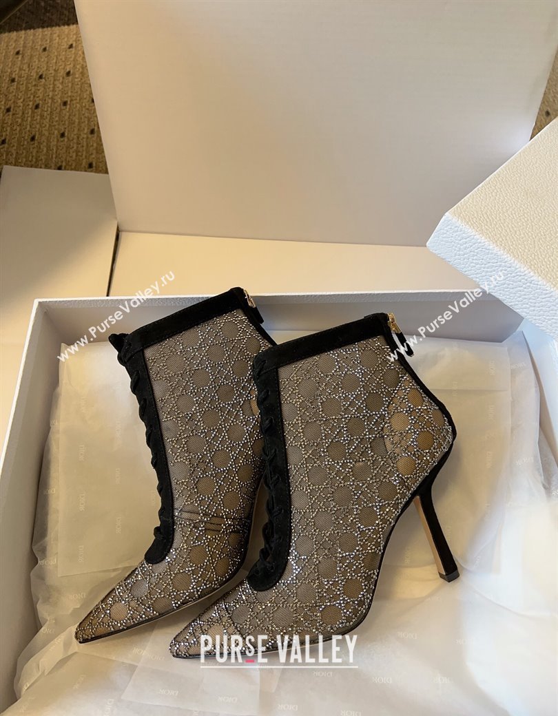 Dior Capture Heeled Ankle Boots 9.5cm in Transparent Mesh with Strass Cannage Motif and Black Suede 2025 (SS-250220095)