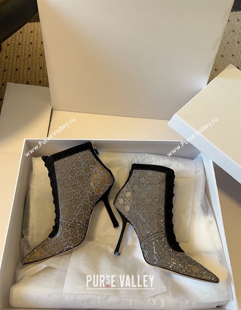 Dior Capture Heeled Ankle Boots 9.5cm in Transparent Mesh with Strass Cannage Motif and Black Suede 2025 (SS-250220095)