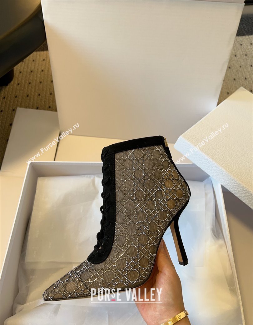 Dior Capture Heeled Ankle Boots 9.5cm in Transparent Mesh with Strass Cannage Motif and Black Suede 2025 (SS-250220095)