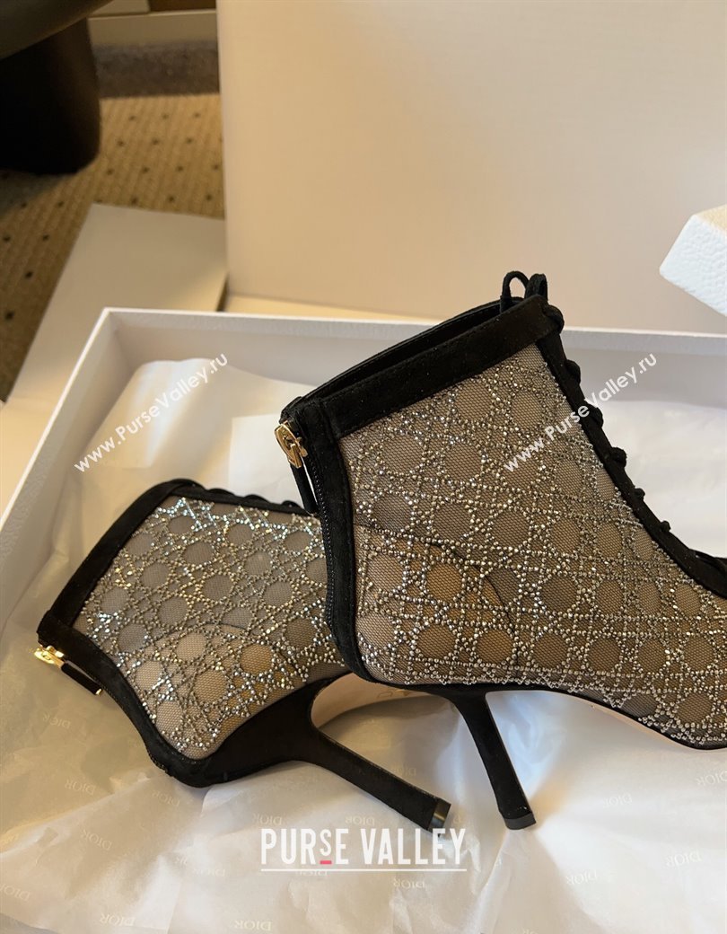Dior Capture Heeled Ankle Boots 9.5cm in Transparent Mesh with Strass Cannage Motif and Black Suede 2025 (SS-250220095)