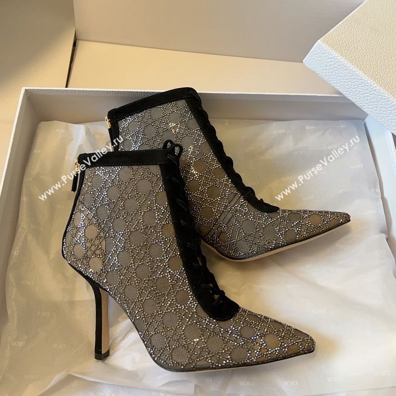 Dior Capture Heeled Ankle Boots 9.5cm in Transparent Mesh with Strass Cannage Motif and Black Suede 2025 (SS-250220095)