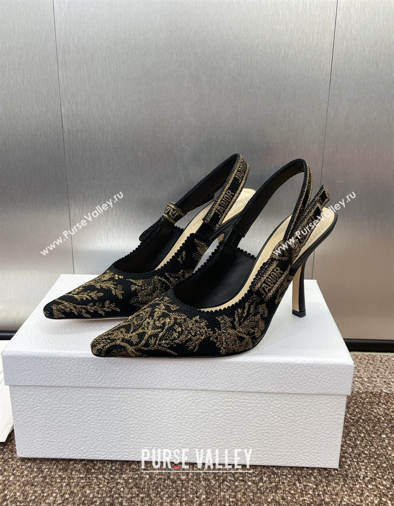 Dior JAdior Slingback Pumps 9.5cm in Black and Gold-Tone Millefiori Jacquard 2025 0220 (JC-250220059)