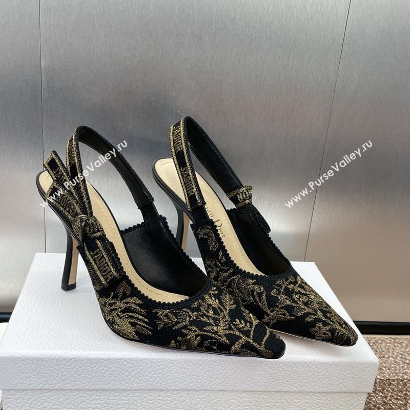 Dior JAdior Slingback Pumps 9.5cm in Black and Gold-Tone Millefiori Jacquard 2025 0220 (JC-250220059)