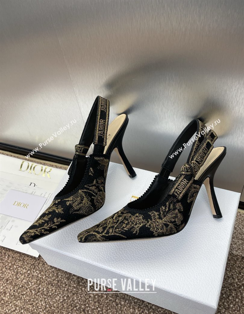Dior JAdior Slingback Pumps 9.5cm in Black and Gold-Tone Millefiori Jacquard 2025 0220 (JC-250220059)