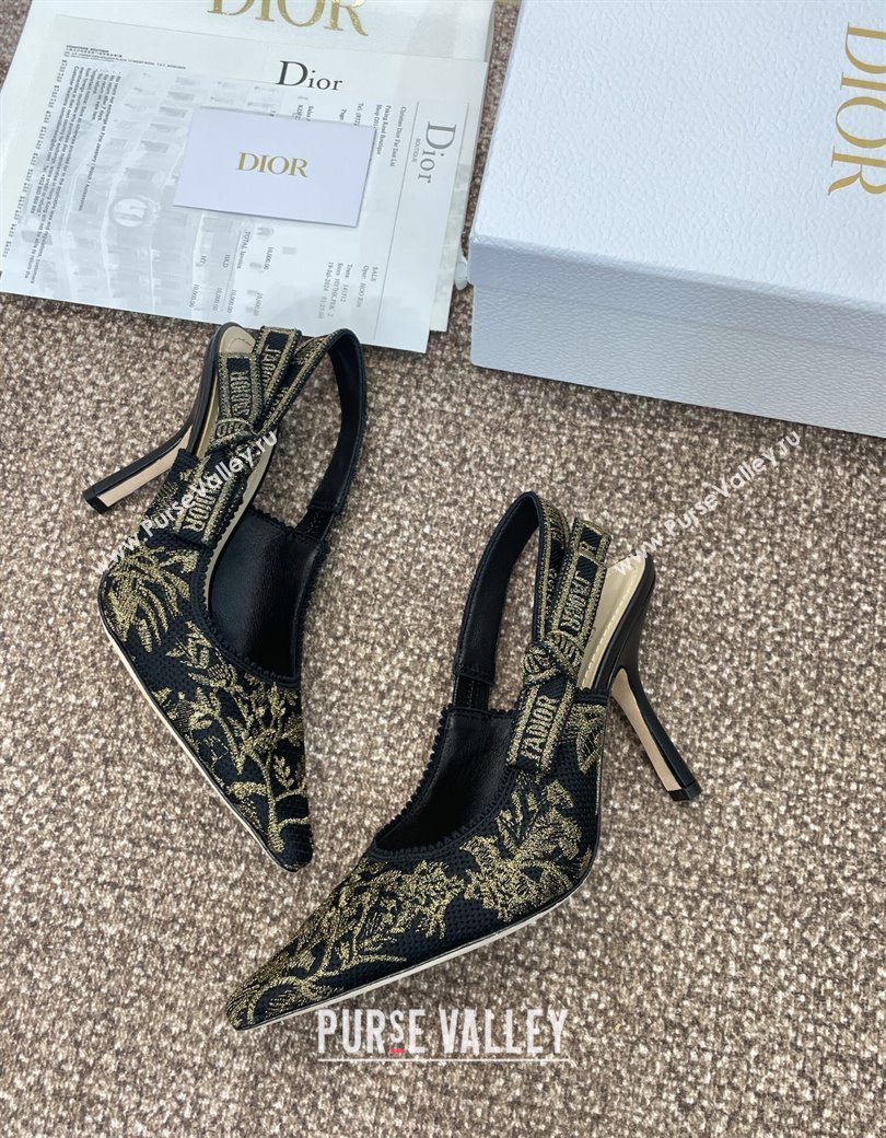 Dior JAdior Slingback Pumps 9.5cm in Black and Gold-Tone Millefiori Jacquard 2025 0220 (JC-250220059)