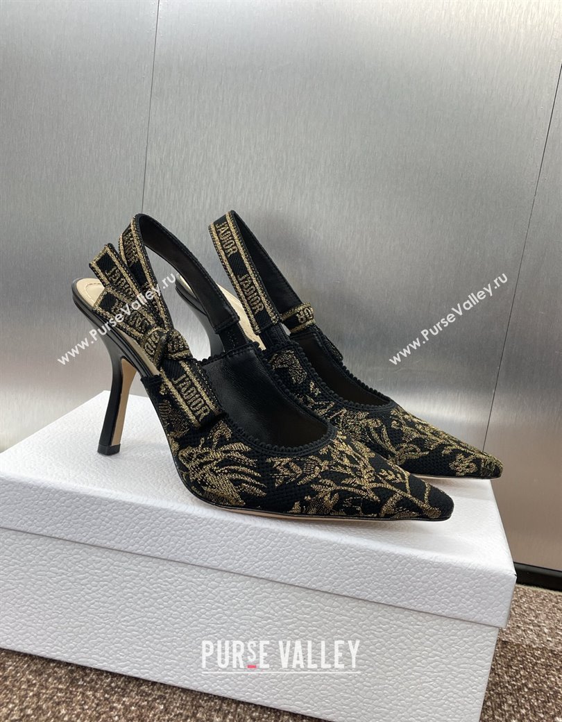 Dior JAdior Slingback Pumps 9.5cm in Black and Gold-Tone Millefiori Jacquard 2025 0220 (JC-250220059)