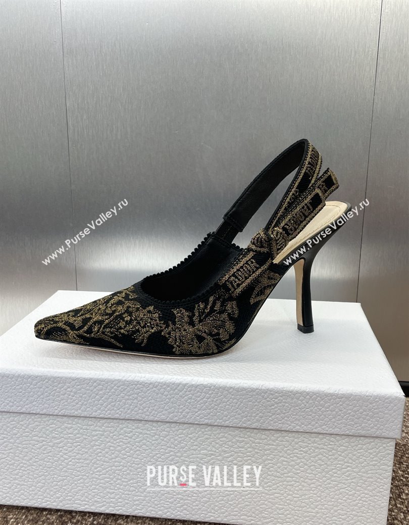 Dior JAdior Slingback Pumps 9.5cm in Black and Gold-Tone Millefiori Jacquard 2025 0220 (JC-250220059)