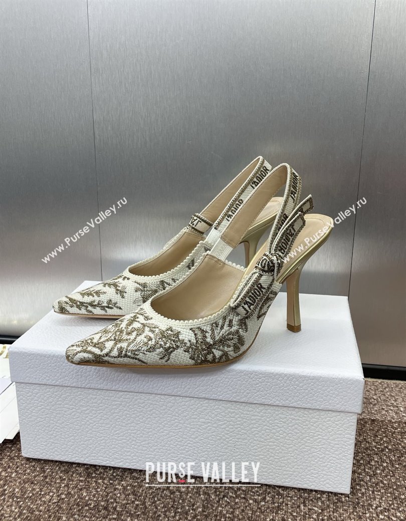 Dior JAdior Slingback Pumps 9.5cm in White and Gold-Tone Millefiori Jacquard 2025 0220 (JC-250220062)