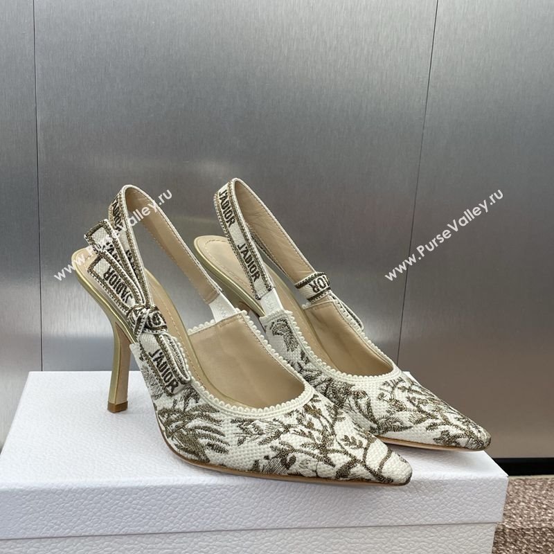 Dior JAdior Slingback Pumps 9.5cm in White and Gold-Tone Millefiori Jacquard 2025 0220 (JC-250220062)