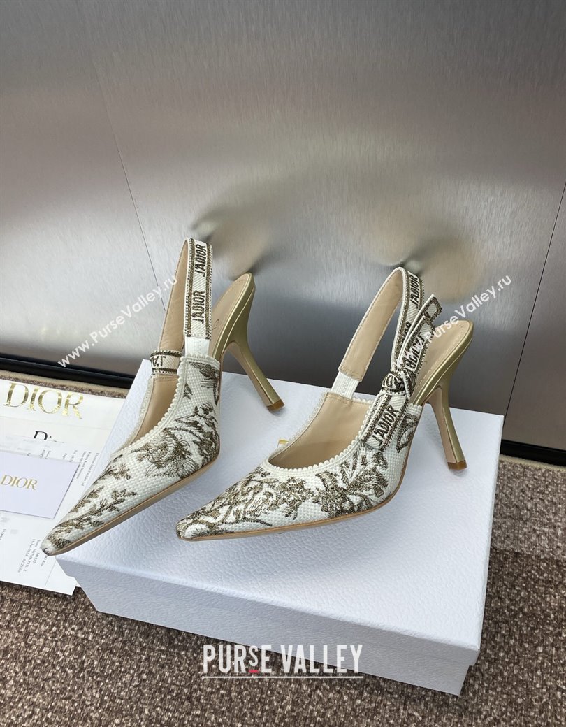 Dior JAdior Slingback Pumps 9.5cm in White and Gold-Tone Millefiori Jacquard 2025 0220 (JC-250220062)