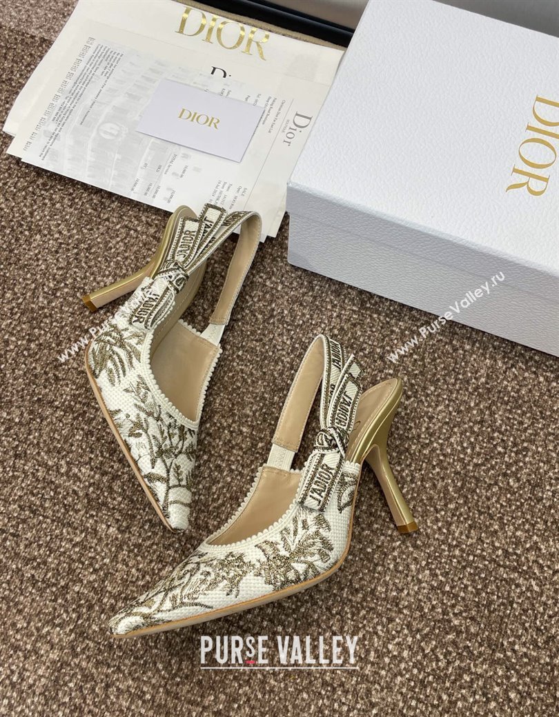 Dior JAdior Slingback Pumps 9.5cm in White and Gold-Tone Millefiori Jacquard 2025 0220 (JC-250220062)